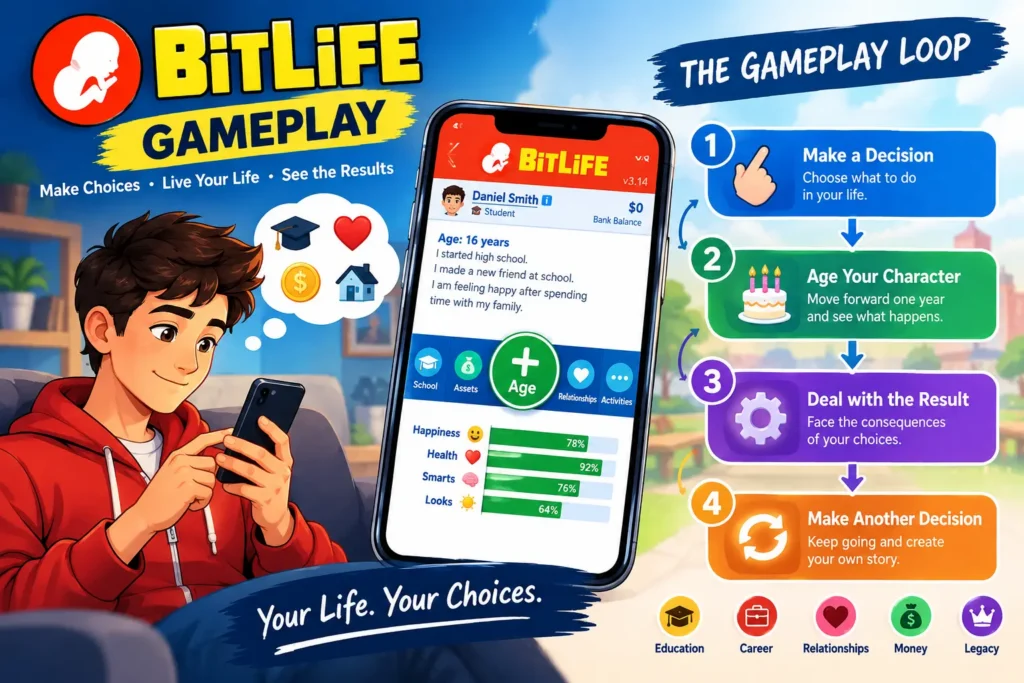 BitLife gameplay loop showing decisions, aging, results, and life choices