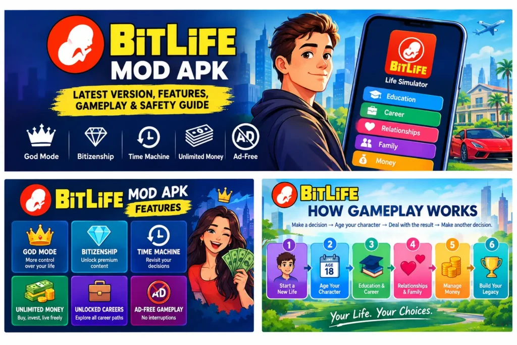 BitLife MOD APK features and gameplay guide with God Mode, Bitizenship, Time Machine and unlimited money