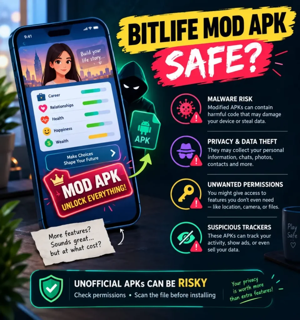 BitLife Mod APK safety infographic showing malware, privacy, unwanted permissions, and tracking risks of unofficial APK files.