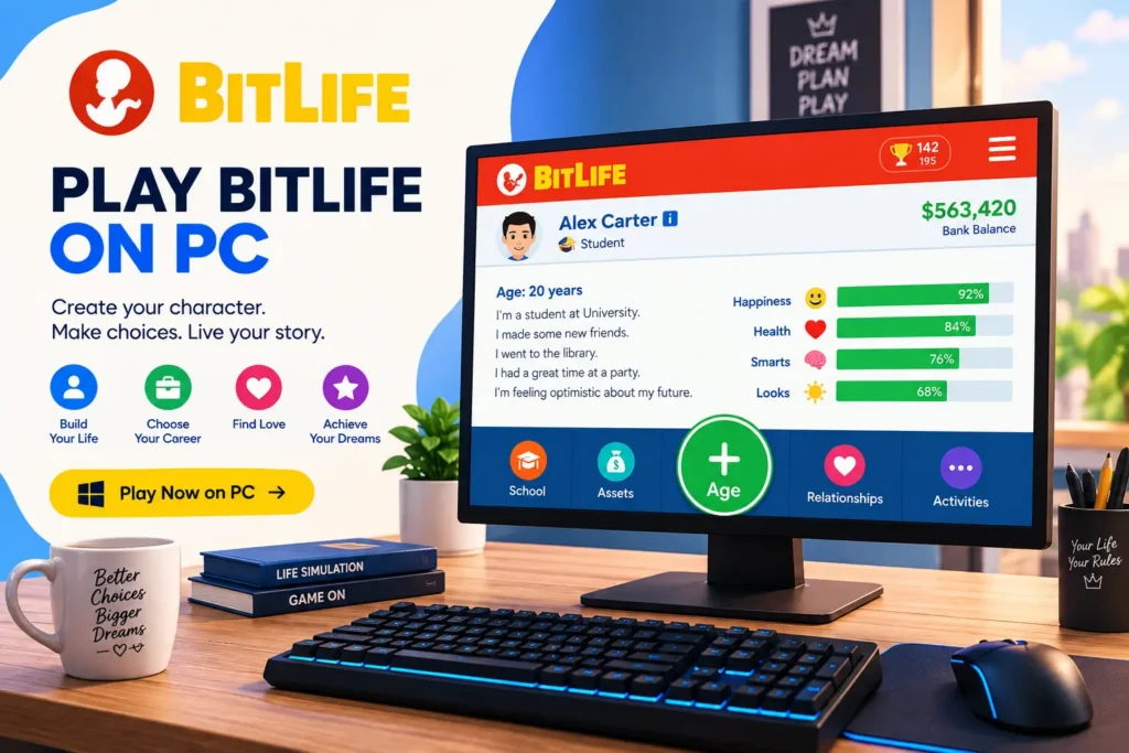 BitLife on PC gameplay displayed on a laptop