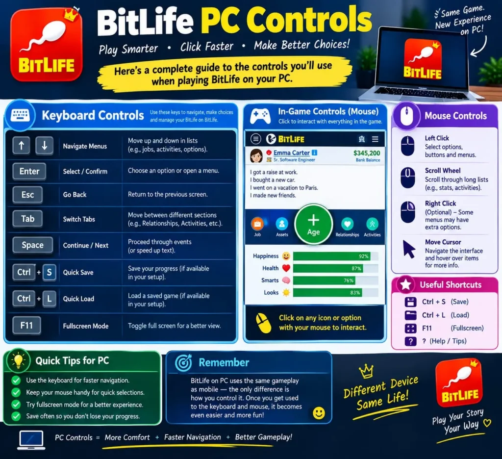 BitLife PC controls guide showing keyboard keys, mouse controls, useful shortcuts, and quick tips for navigating and playing BitLife on a computer.