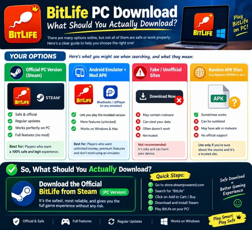BitLife PC download infographic comparing the official Steam version, Android emulator options, unofficial websites, and random APK sites, with tips for choosing a safe download.