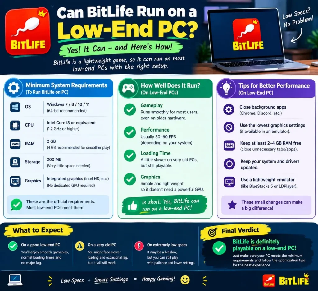 Infographic explaining whether BitLife can run on a low-end PC, showing system requirements, expected performance, and tips for smoother gameplay.