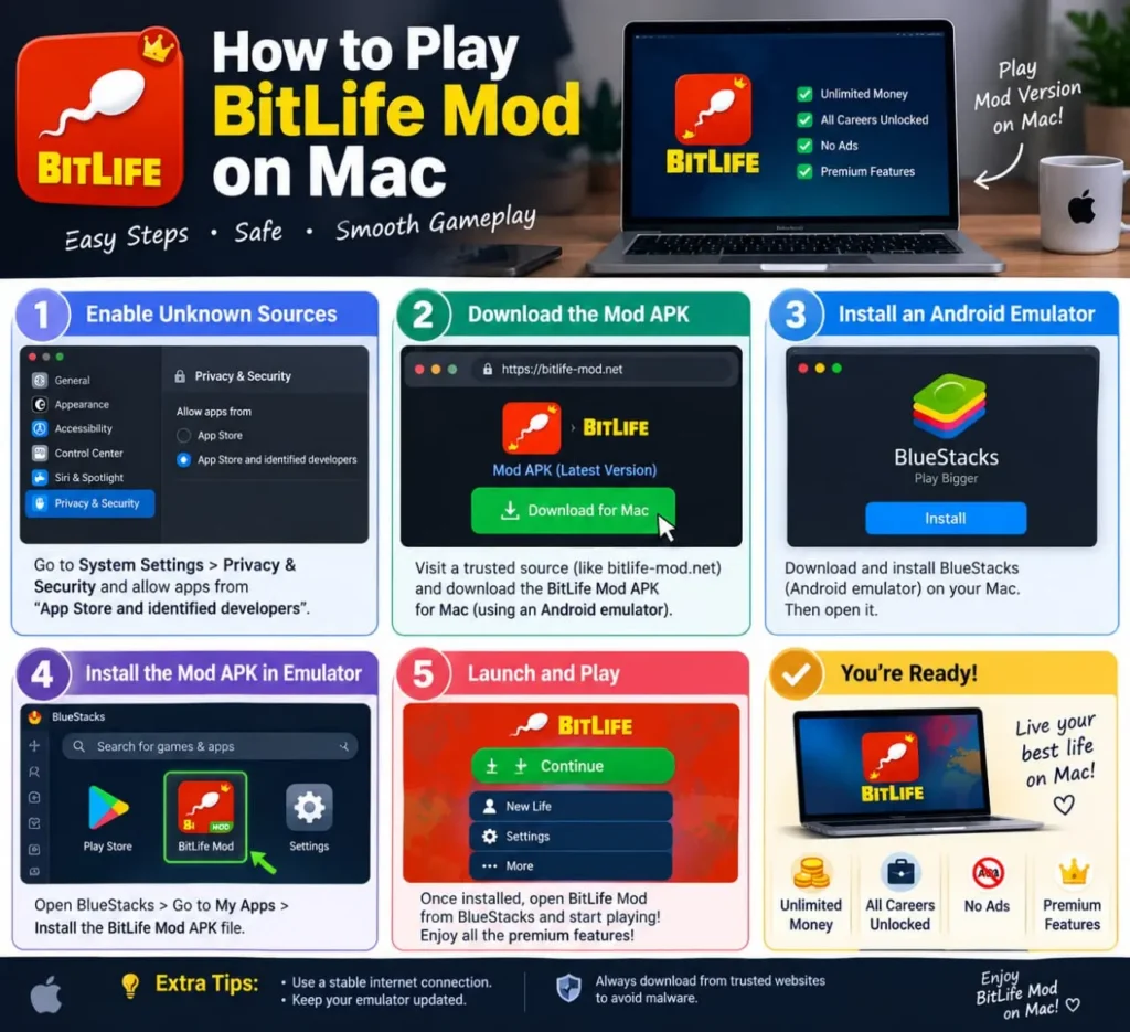  Step-by-step infographic showing how to play BitLife Mod on Mac using an Android emulator, including downloading the APK, installing it in the emulator, and launching the game.
