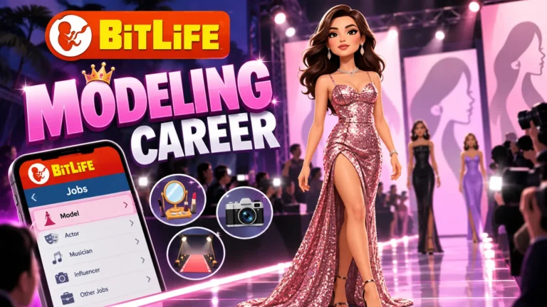 BitLife Modeling Career: How to Become a Model and Pass Auditions 1 BitLife modeling career guide showing a fashion model on a runway