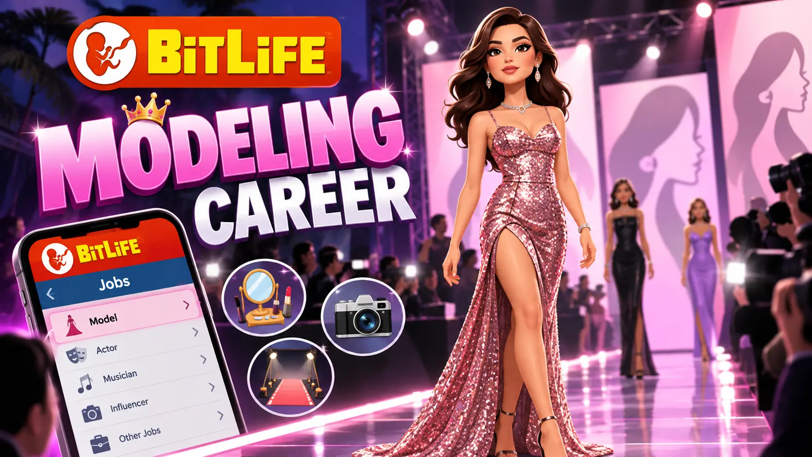 BitLife Modeling Career: How to Become a Model and Pass Auditions 1 BitLife modeling career guide showing a fashion model on a runway